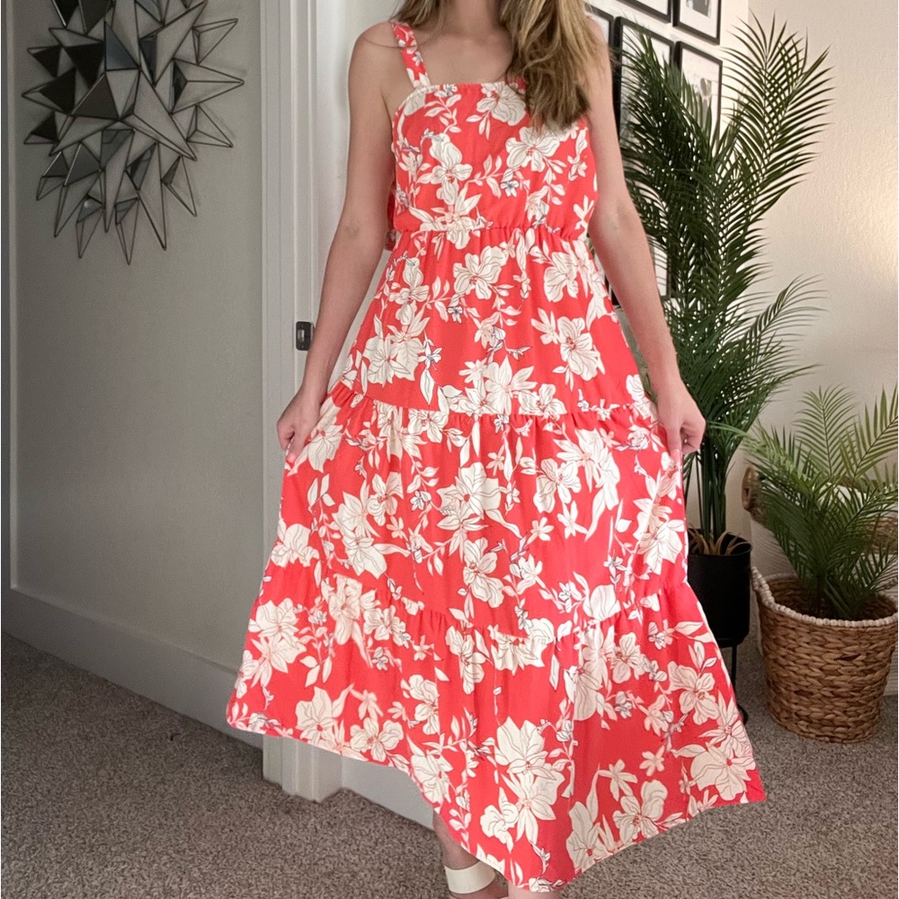 Pink and White Floral Maxi Dress with Tie Straps